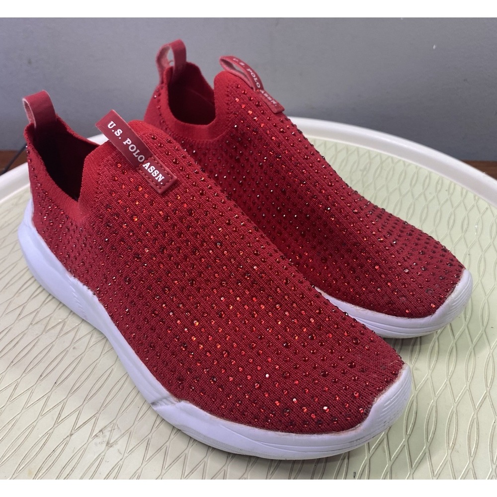 U.S. Polo Assn. Women's Red Rhinestone Mesh Slip On Shoes Comfort Sneaker 7.5